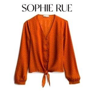 SOPHIE RUE Women’s Tie Front Burnt Orange Polka Dot Button Down Blouse Size Med